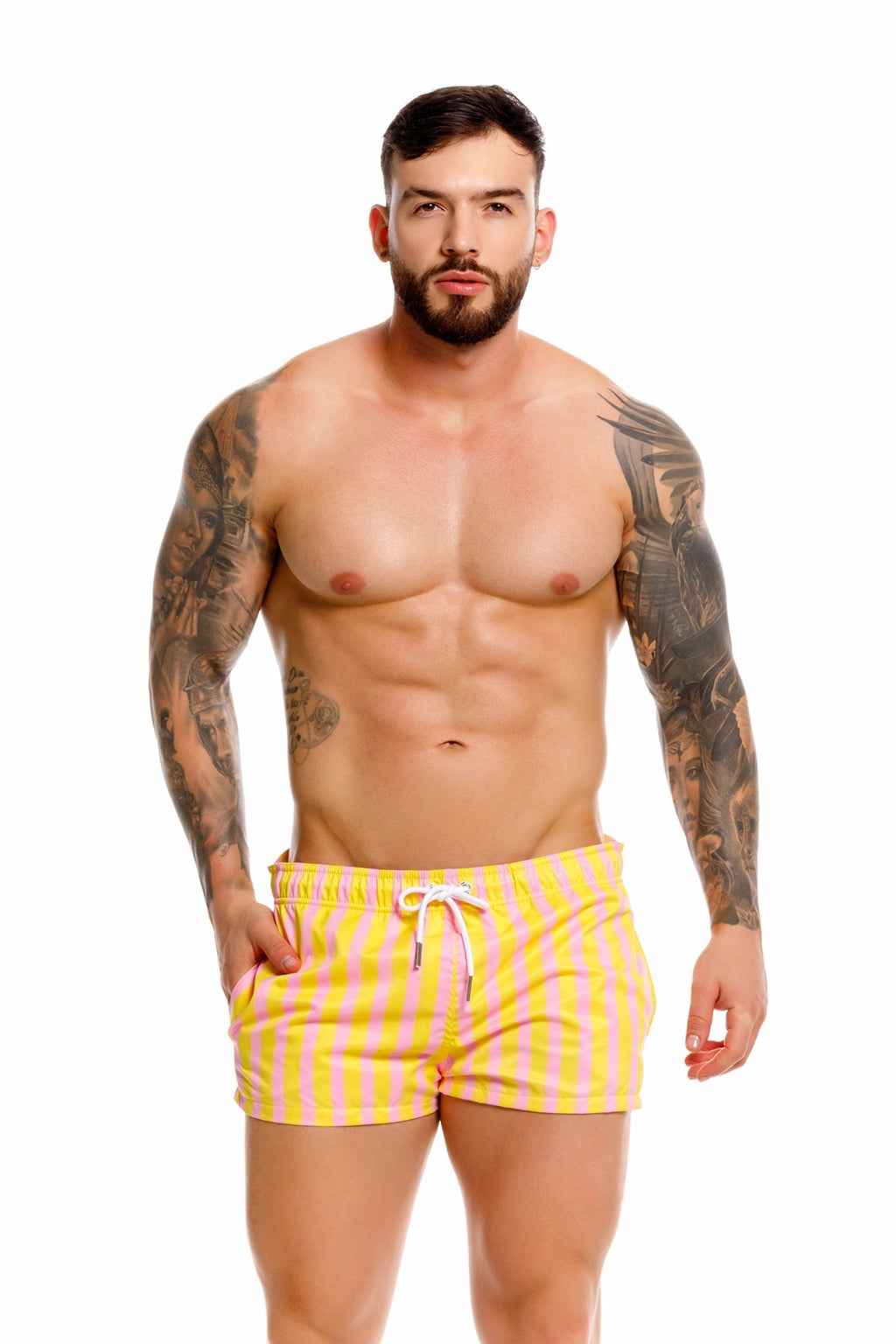 JOR short de baño caballero rayas amarillo y rosa