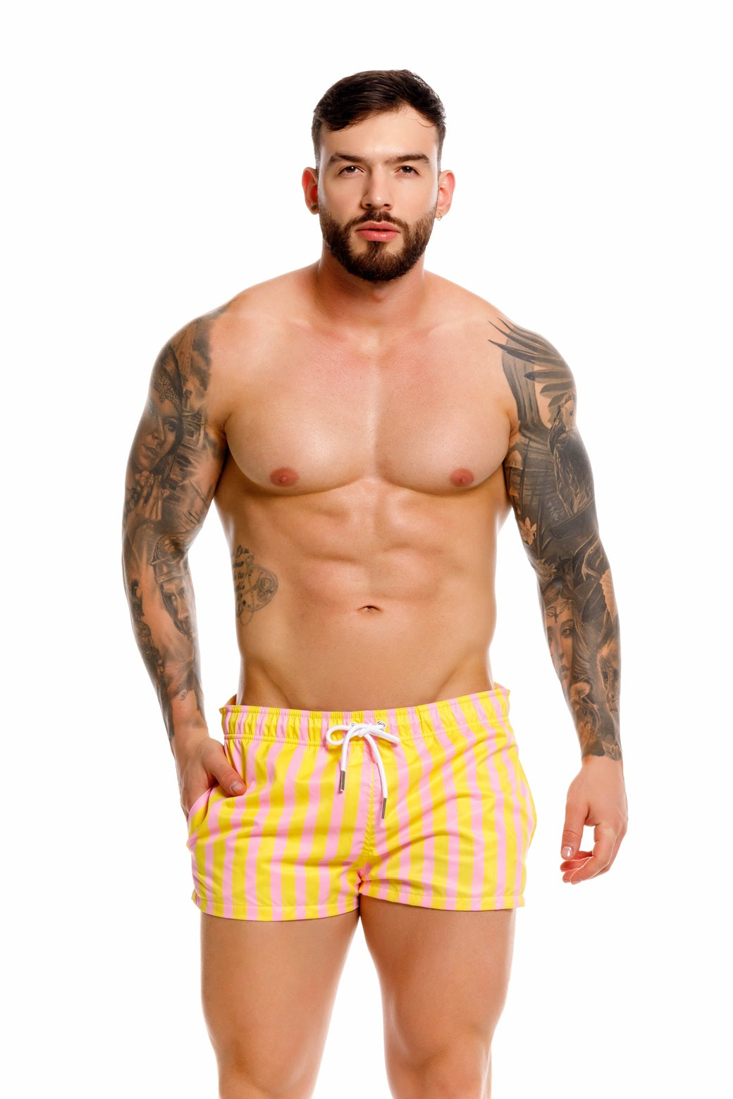 JOR short de baño caballero rayas amarillo y rosa