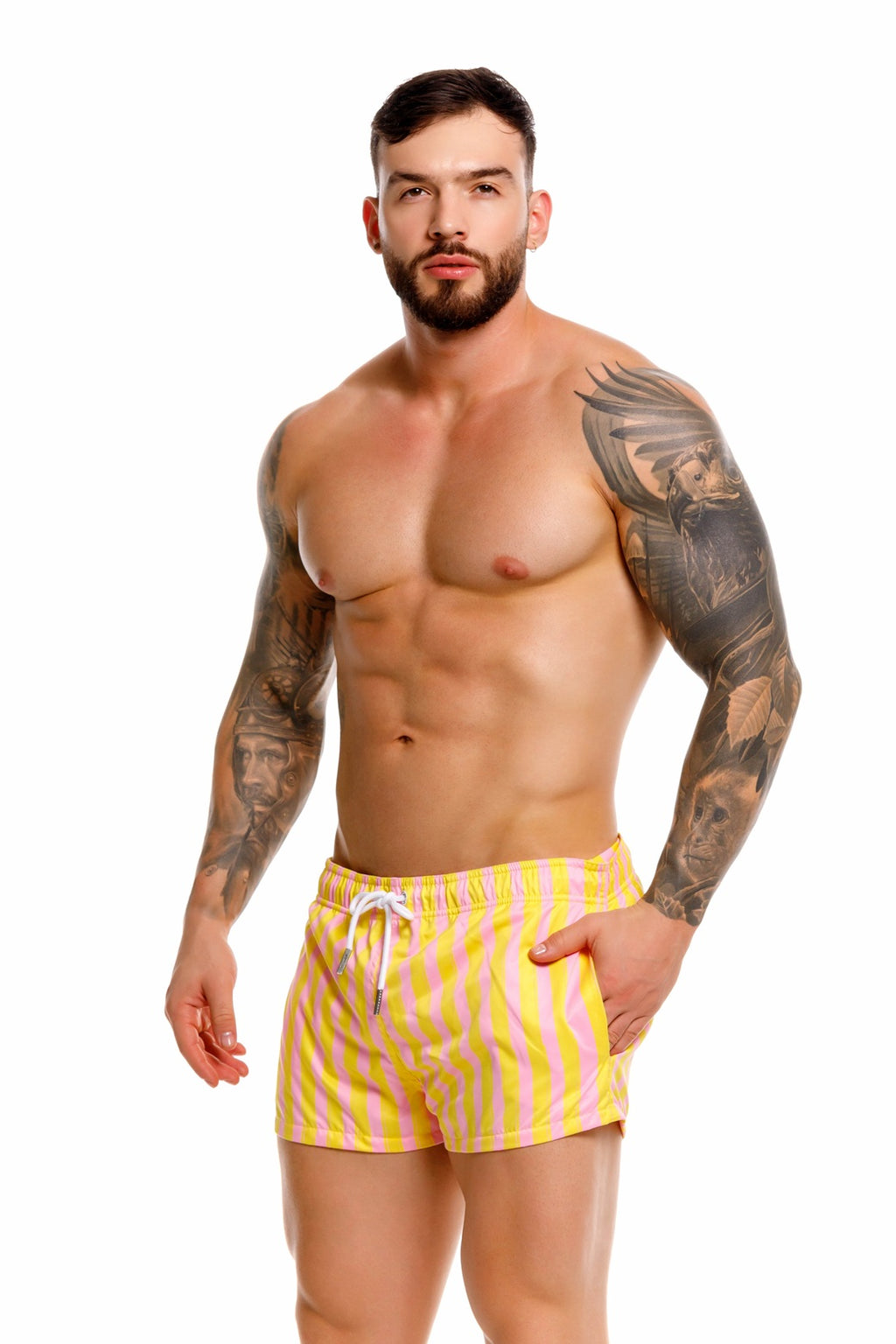 JOR short de baño caballero rayas amarillo y rosa