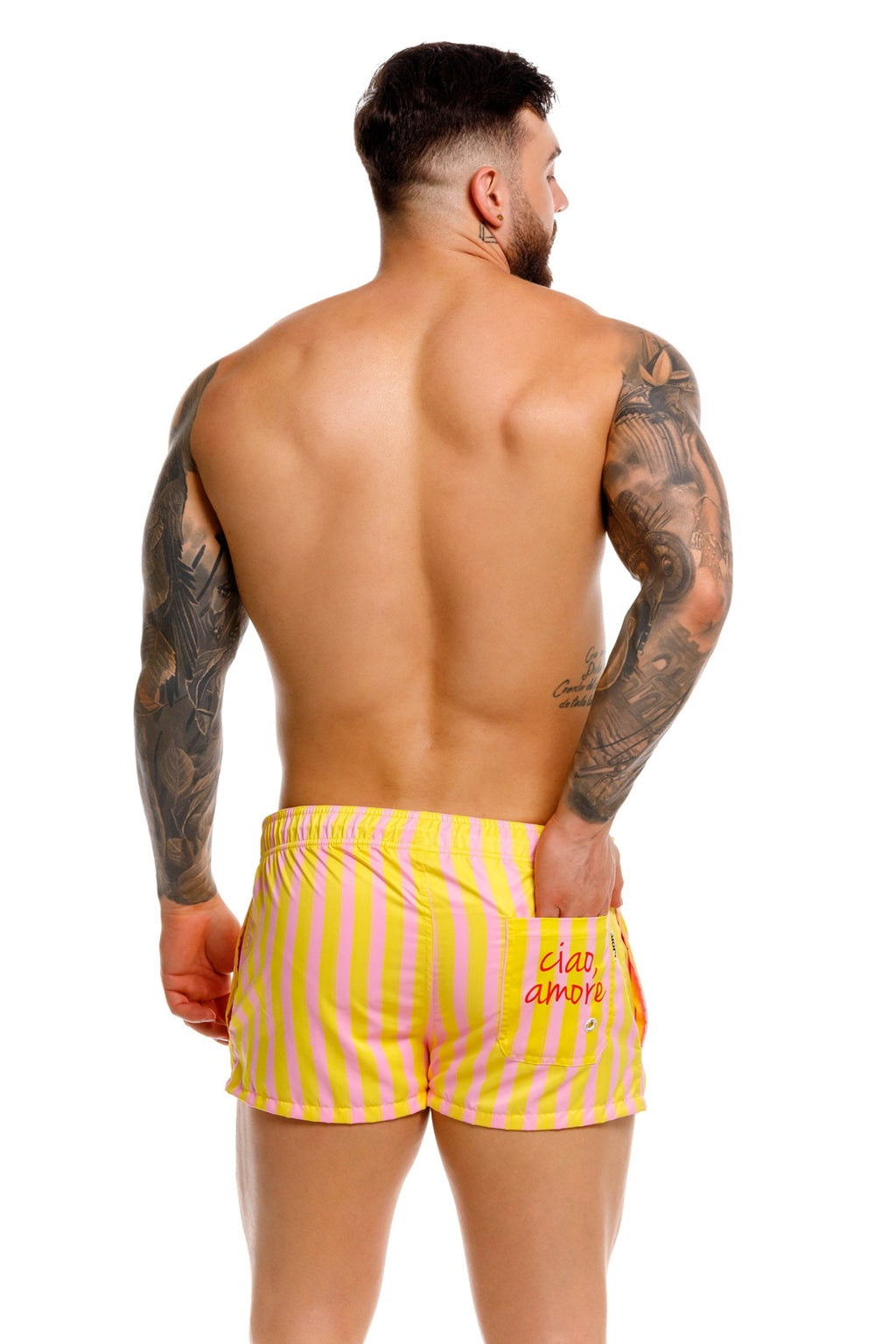 JOR short de baño caballero rayas amarillo y rosa