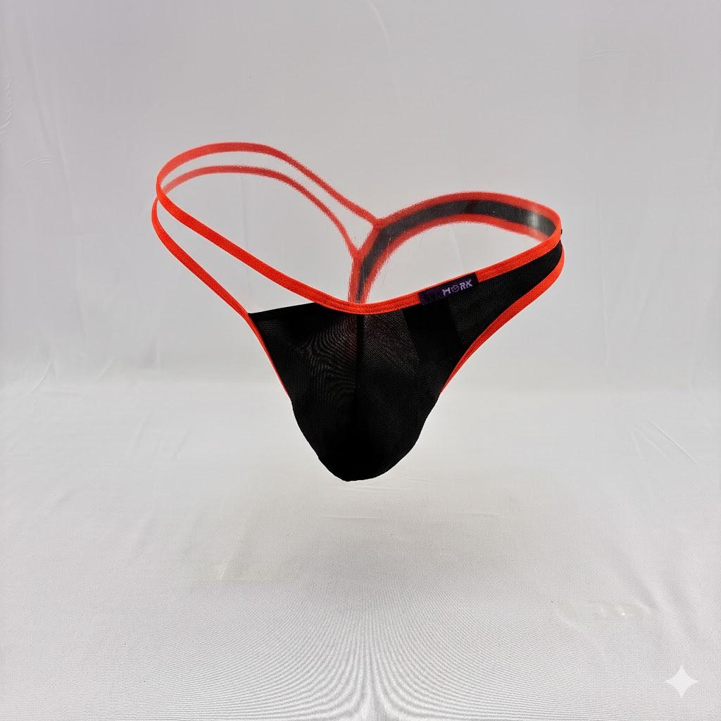 Tanga de Licra Negra con Ribete naranja